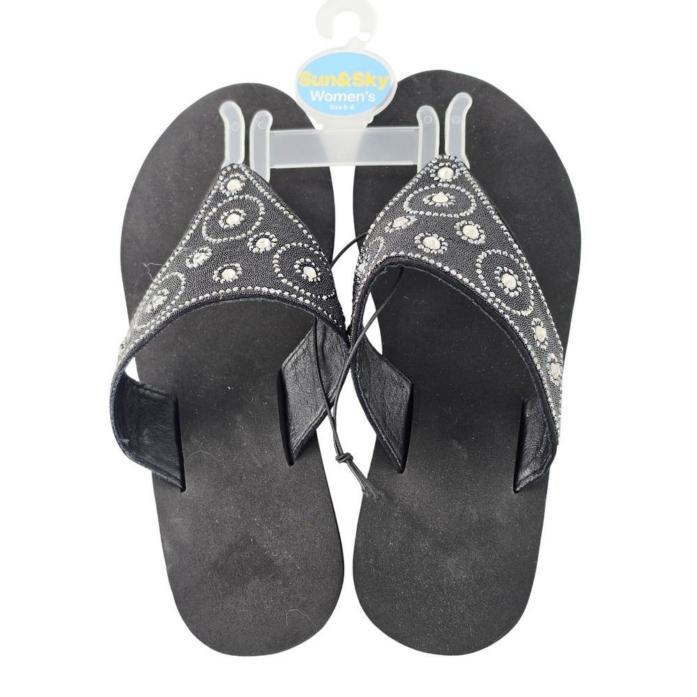 Sun & Sky Womens Black Wedge Flip Flops Beaded Rhinestone Thong Sandals Size 5-6